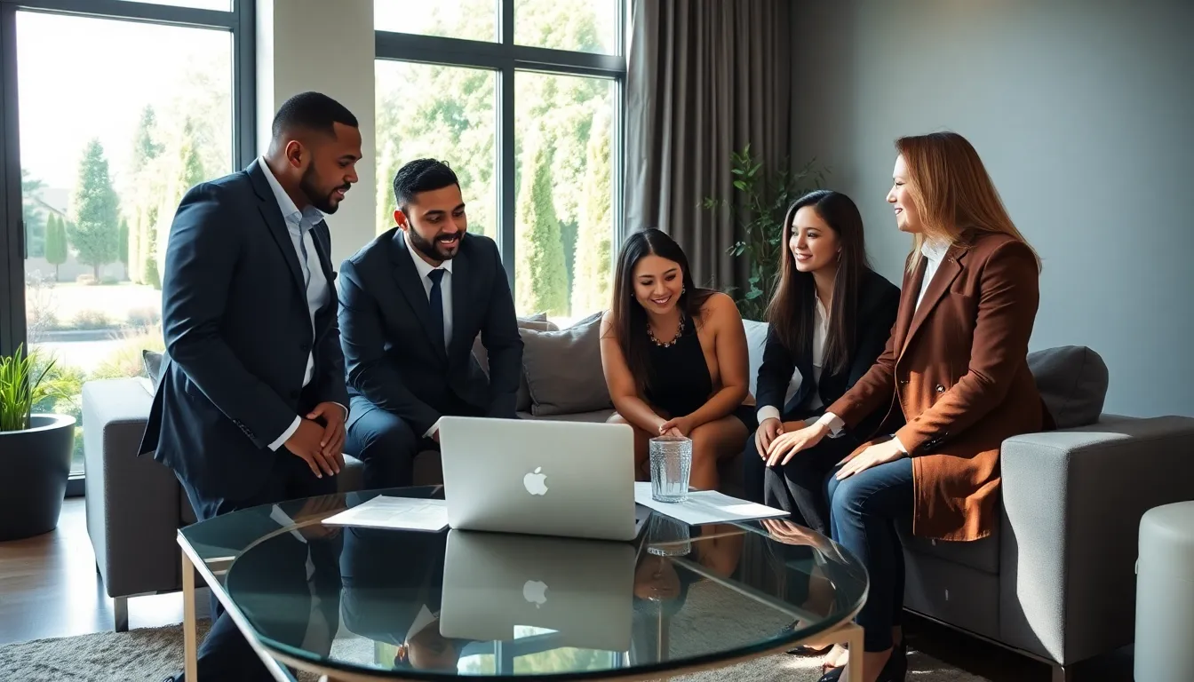 professionals discussing income property investments in a stylish living room.
