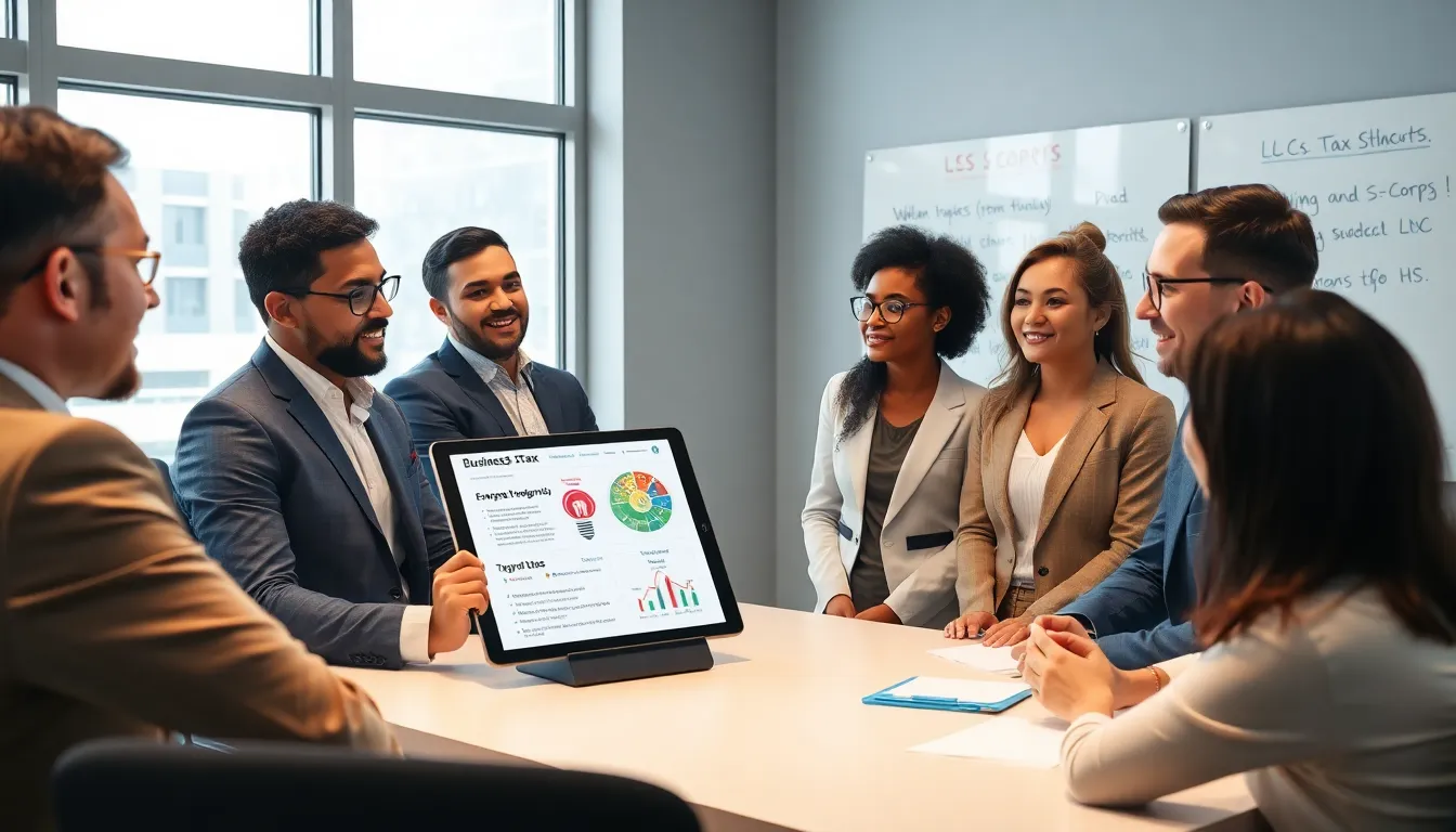 business owners discussing tax strategies in a modern conference room.